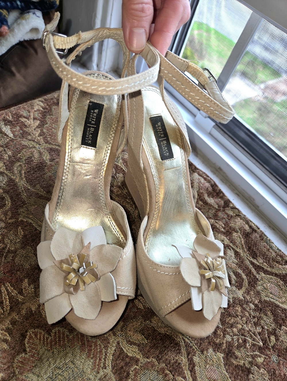 White House Black Market Nude Floral Wedge Sandals